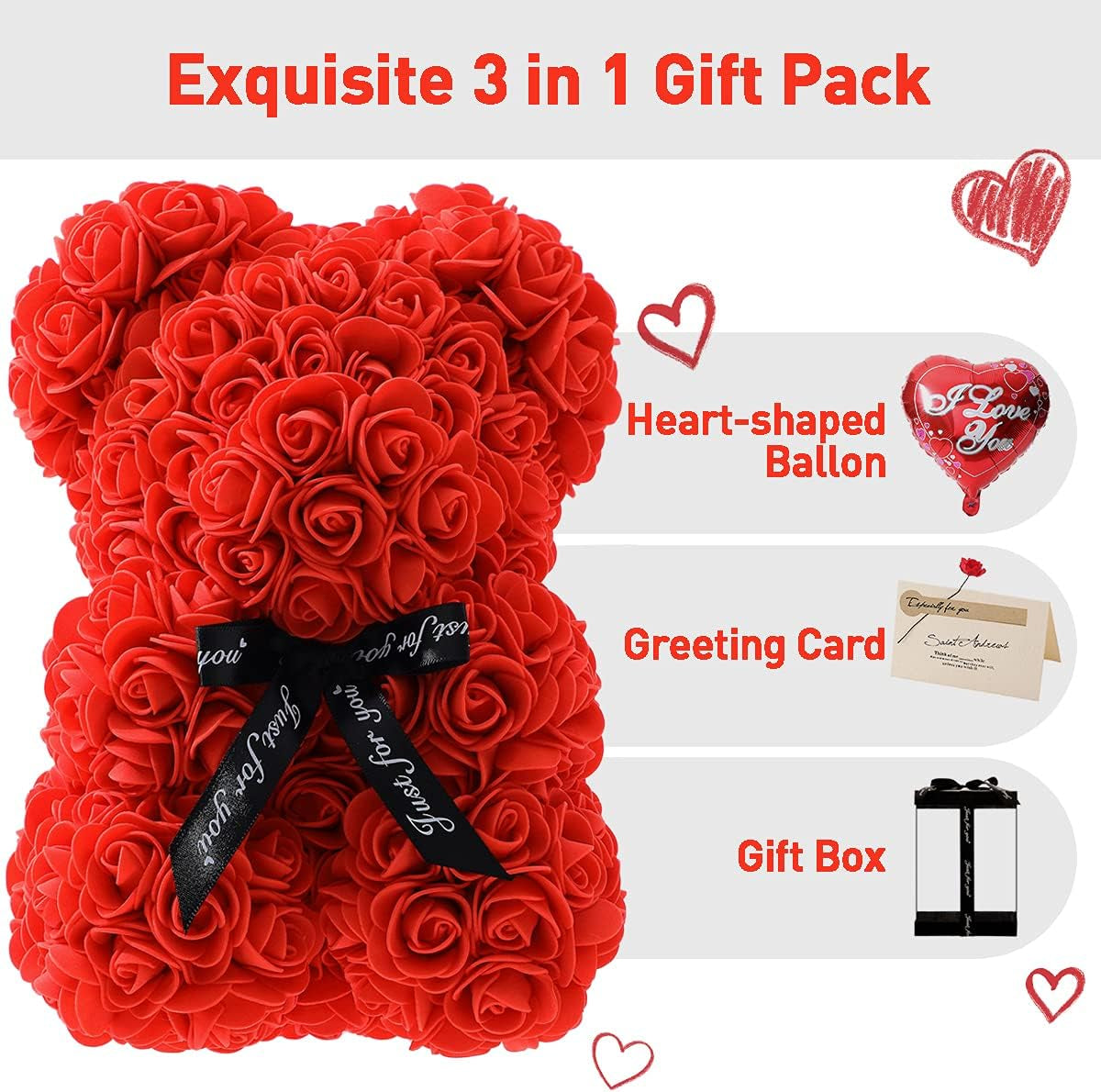 Lovely Rose Flower Bear - Clear Gift Box and Greeting Card (Red)